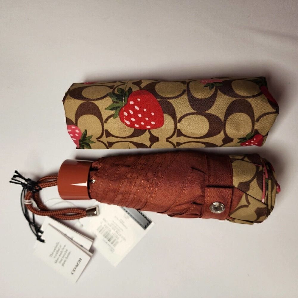 NWT Coach Mini Umbrella in Wild Strawberry Print Gold Khaki Multi - Picture 3 of 3